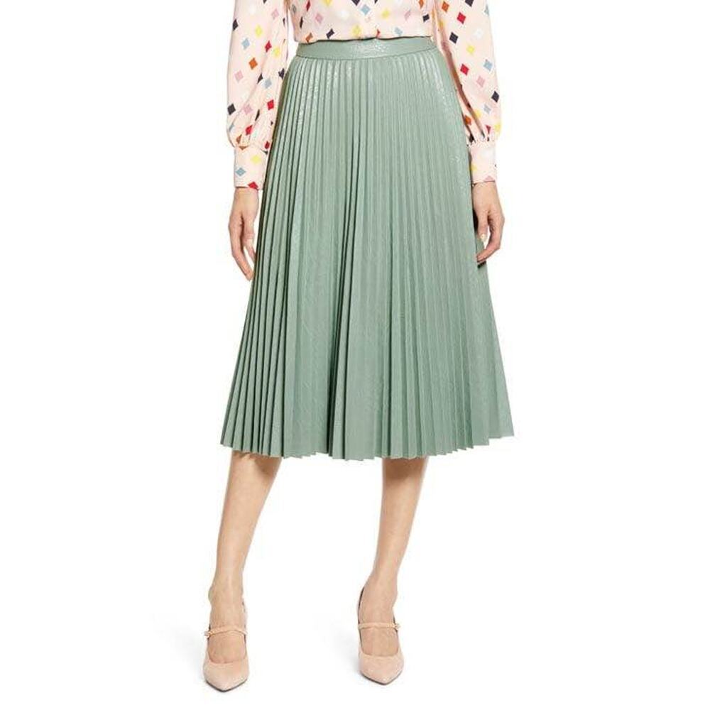 Halogen x Atlantic-Pacific Medium Green Pleated Croc Faux Leather Midi Skirt